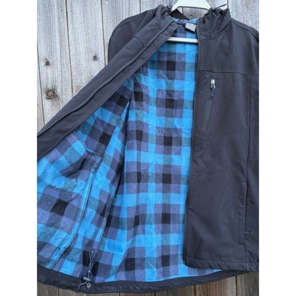 White Sierra Mens Softshell Hooded Jacket Black Blue Plaid Fleece Lined Medium